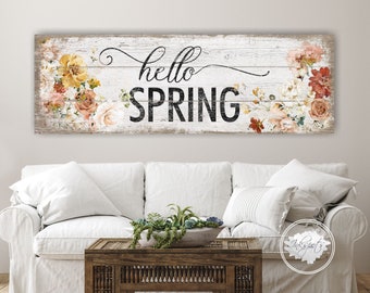 Hello Spring Sign, Vintage Spring Decor, Modern Farmhouse Spring Decoration, Easter Wall Decor, Mantel Entryway Distressed Canvas Sign -SP02