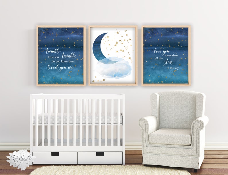 Moon and Stars Nursery Decor Set of 3 Baby Boy Nursery Etsy