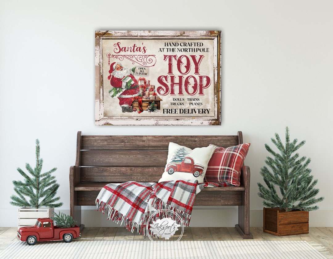 Vintage Inspired Santas Toy Shop Christmas Sign, Distressed Santa Sign