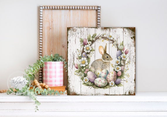 ON SALE!SDJMa Happy Easter Wooden Hanging Sign Easter Bunny Flower Sign