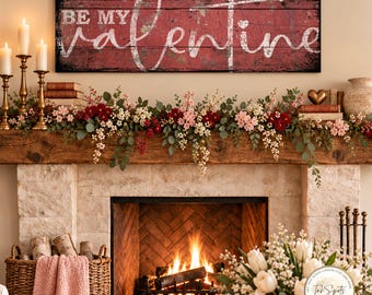 May include: A rectangular wooden wall sign with a distressed red finish and white script text that reads "BE MY VALENTINE" with a small heart icon above the letter i. The sign features a horizontal plank design with visible wood grain texture.