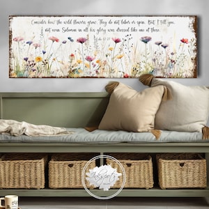 Consider The Wildflowers Scripture Sign, Rustic Spring Decor Large Bible Verse Wall Art Canvas Christian Gift, Vintage Modern Farmhouse SC20