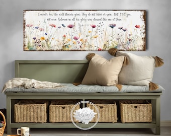 Consider The Wildflowers Scripture Sign, Rustic Spring Decor Large Bible Verse Wall Art Canvas Christian Gift, Vintage Modern Farmhouse SC20