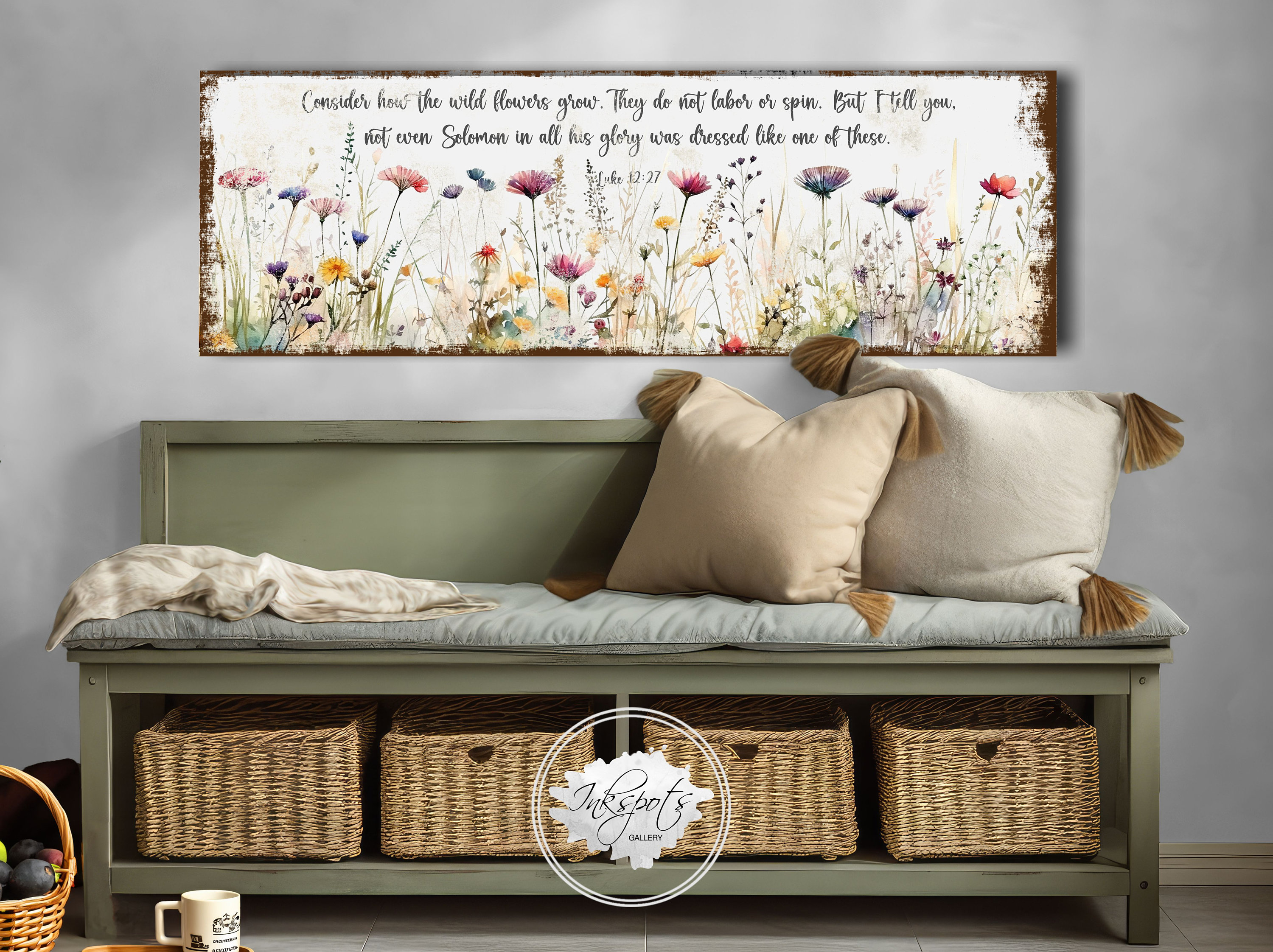 Consider The Wildflowers Scripture Sign, Rustic Spring Decor Large Bible Verse Wall Art Canvas Christian Gift, Vintage Modern Farmhouse SC20
