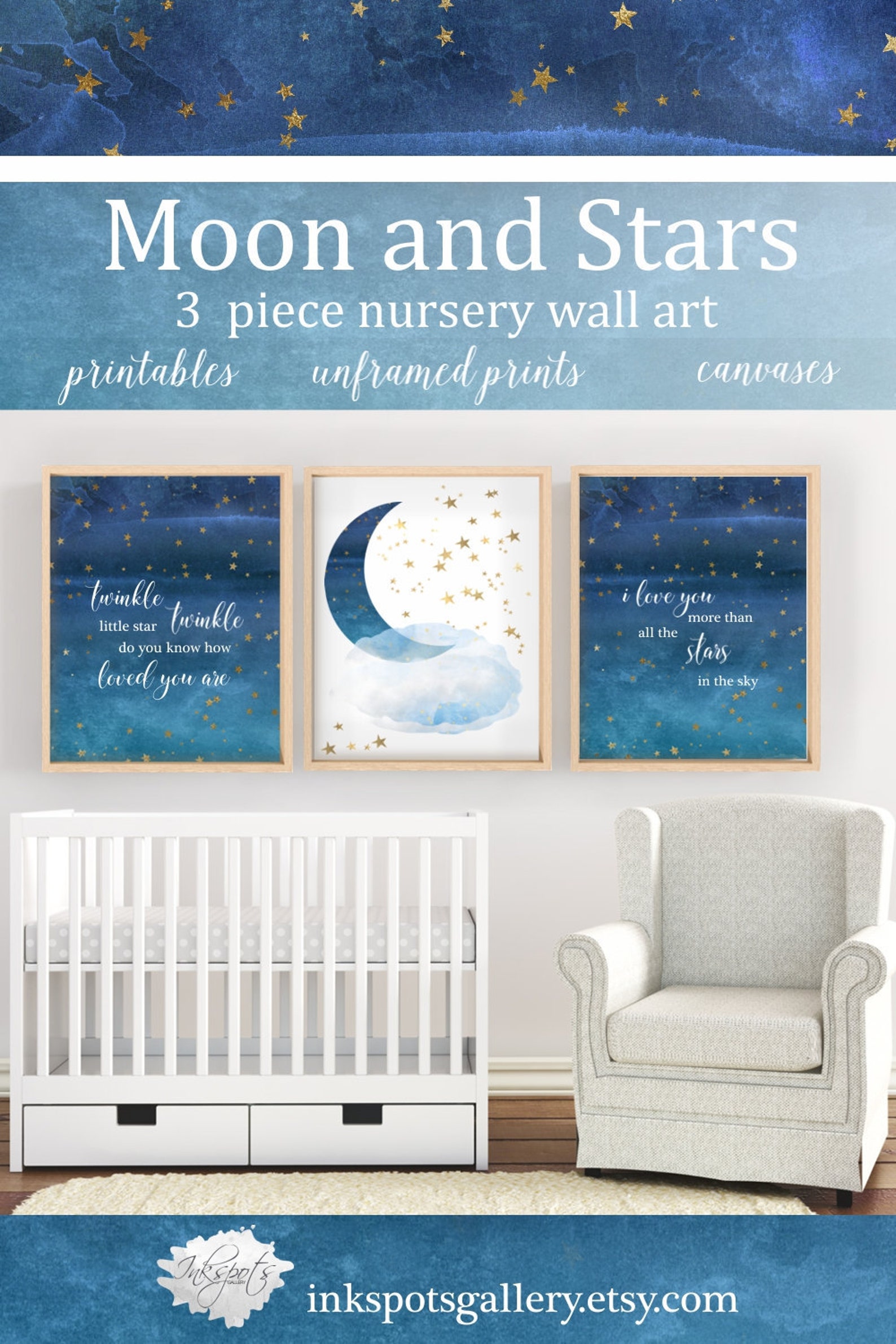 Moon and Stars Nursery Decor Set of 3 Baby Boy Nursery Wall Etsy