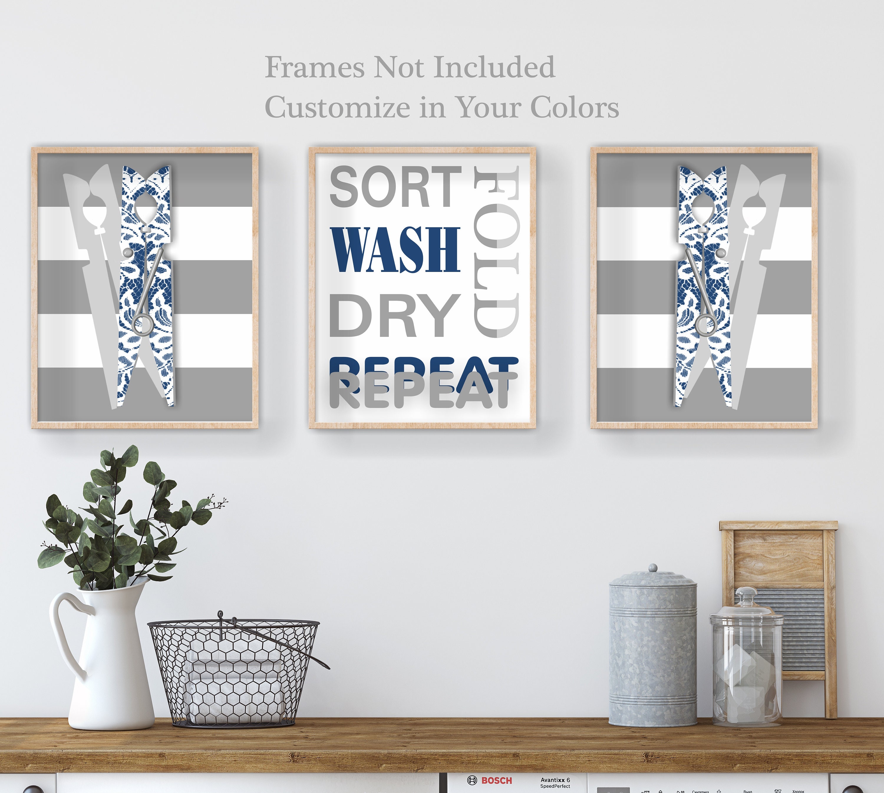 Wäschedruck Wäschedruck 3-teilige Wandkunst Blau Grau | Etsy