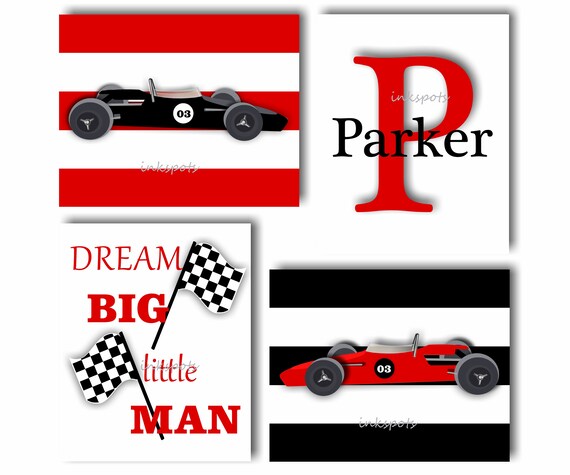 Race Car Boys Wall Decor Custom Colors Available Set Of 4 Black And White Nursery Prints With Name Sign Race Car Party Decorations Trrc01