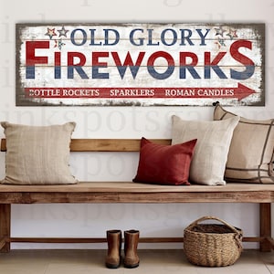 Fireworks Sign 4th of July Decor, Vintage July Fourth Decoration Modern Farmhouse Porch Americana Patriotic Independence Day Canvas - SU18