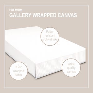 May include: A premium gallery wrapped canvas with a white surface. Text on the image reads: PREMIUM GALLERY WRAPPED CANVAS, Fade-resistant archival inks, 1.25" wrapped sides, and Artist quality canvas. The canvas features a textured finish.
