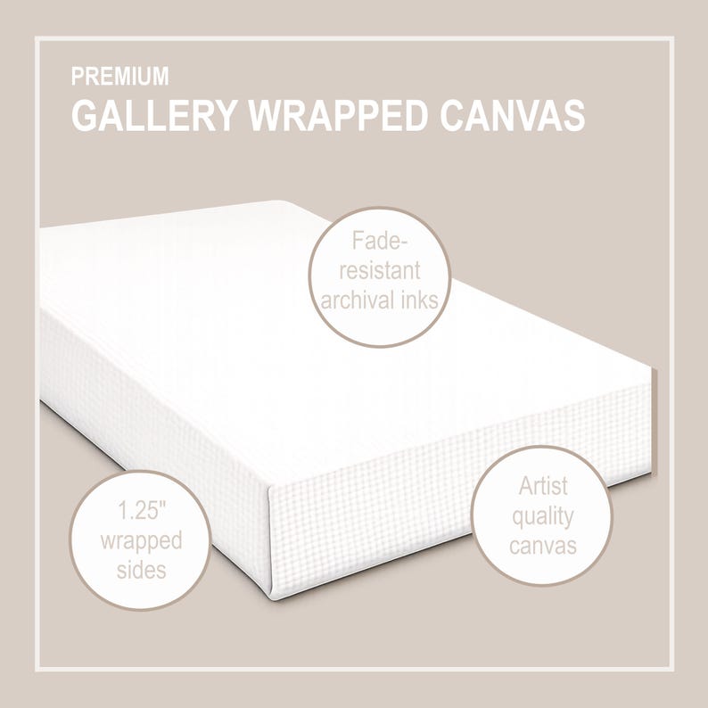 May include: A premium gallery wrapped canvas with a white surface. Text on the image reads: PREMIUM GALLERY WRAPPED CANVAS, Fade-resistant archival inks, 1.25" wrapped sides, and Artist quality canvas. The canvas features a textured finish.