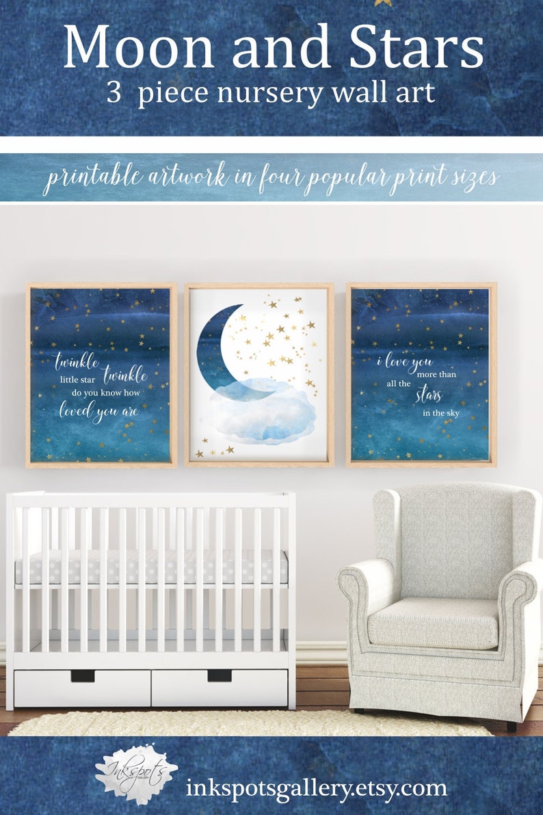 Moon and Stars Nursery Decor Set of 3 Baby Boy Nursery Etsy