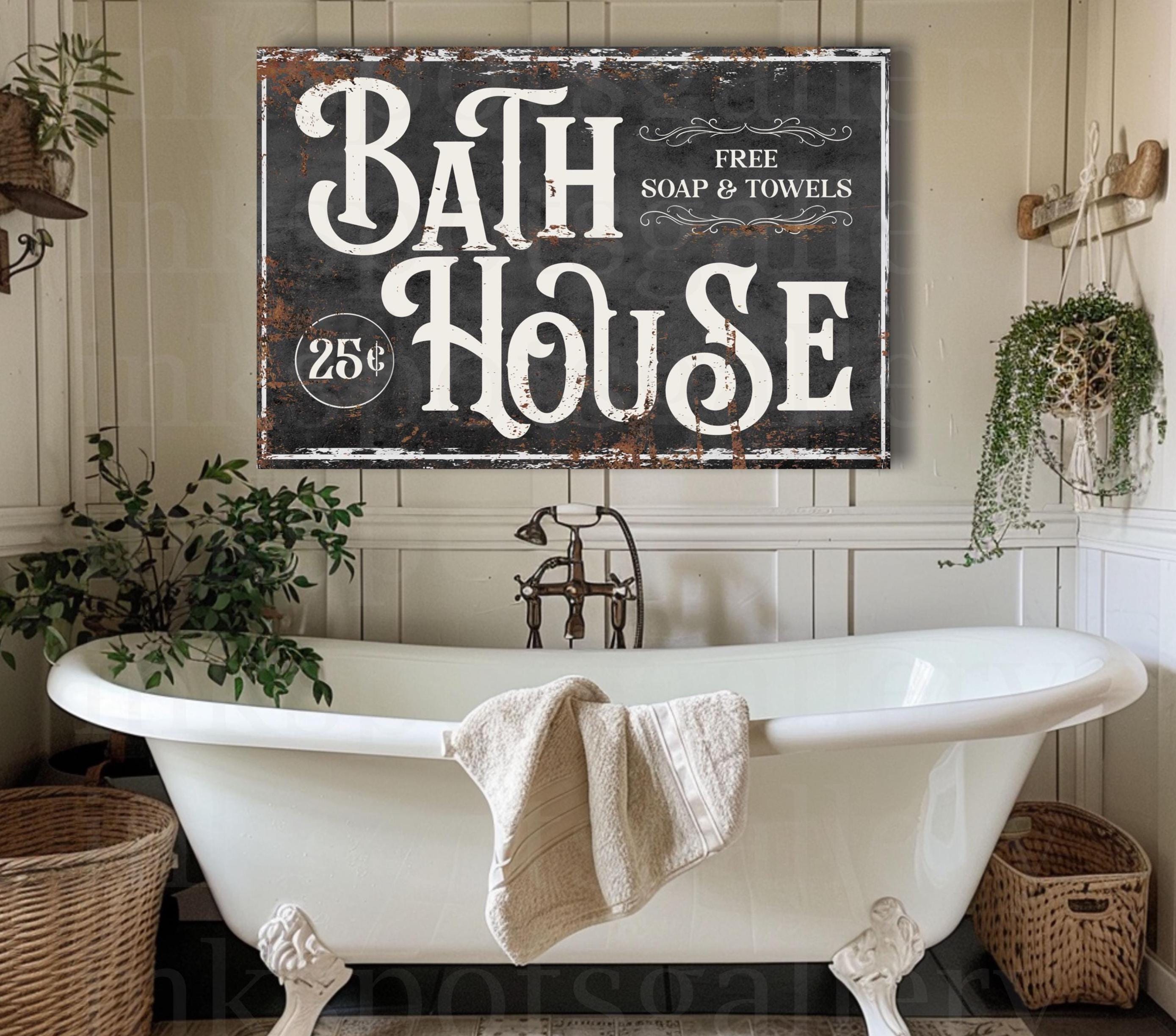 thumbnail interactive-video image 1 of Rustic Brown Cast Iron Wall Hook With Hot Baths 25 Cents Soap & Towel Extra Sign 1 of 5