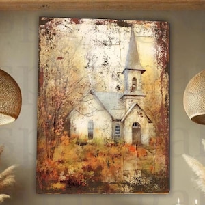 Letrero grande de lienzo con una iglesia rural en otoño, pintura de capilla de estilo vintage, decoración otoñal de estilo rústico moderno, arte otoñal de una casa de campo - FL24