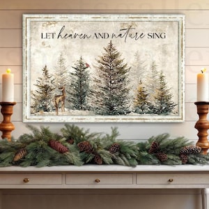 Nature Scene in Winter Large Canvas, Vintage Style Christmas Sign, Modern Farmhouse Christmas Trees Holiday Mantel Hymn Decoration - CH32