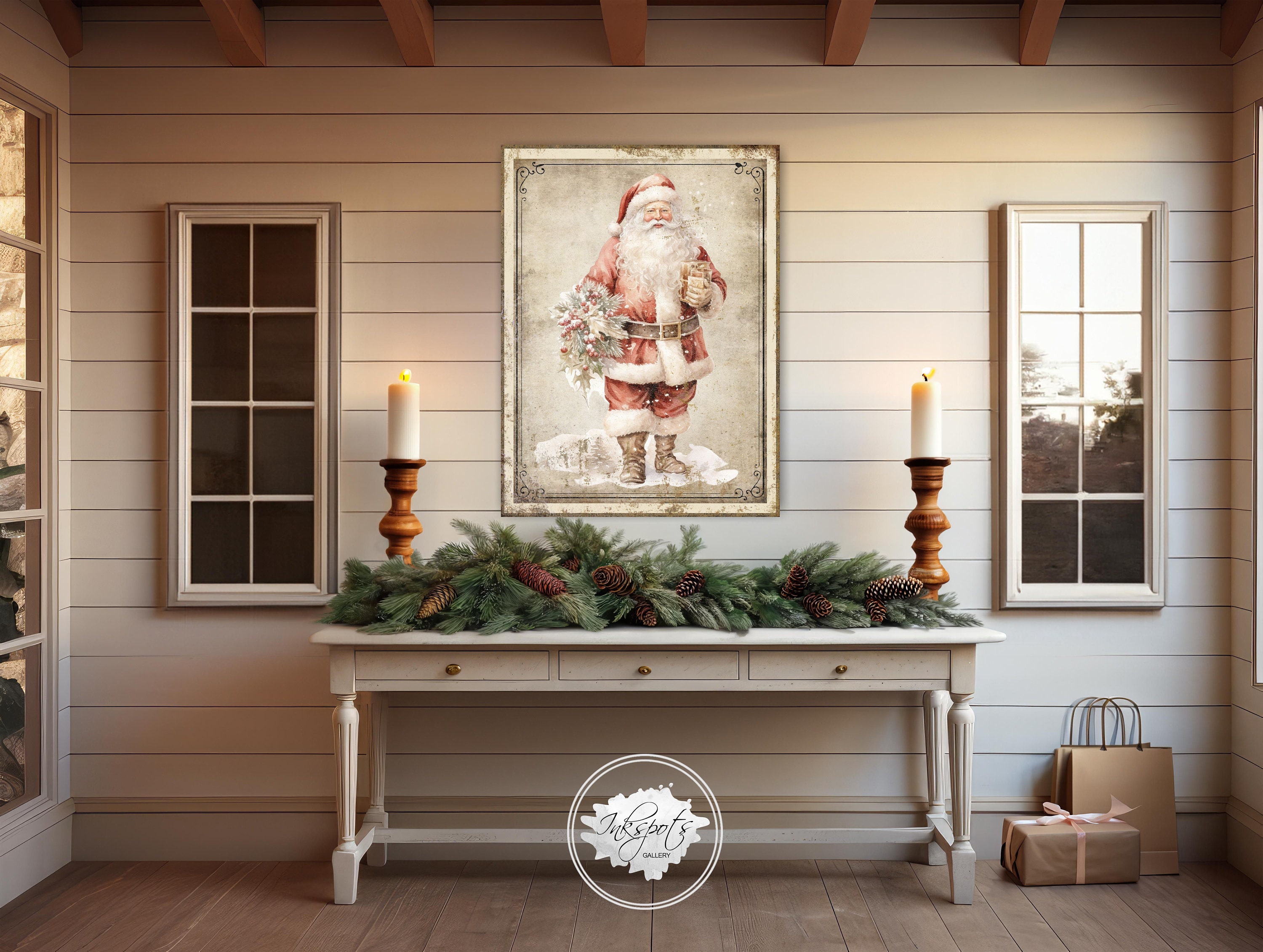 Vintage Style Santa Print: Jolly Santa Claus Christmas Sign Holiday ...