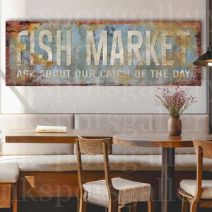 Fish Market Sign Seafood Restaurant Decor Fresh Fish Wall Art Vintage Inspired Lake House Decor Man Cave Gift for Fisherman Dad Brother BL34