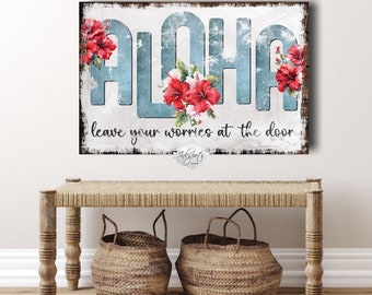 Aloha Sign: Coastal Beach House Decor with Hibiscus Florals