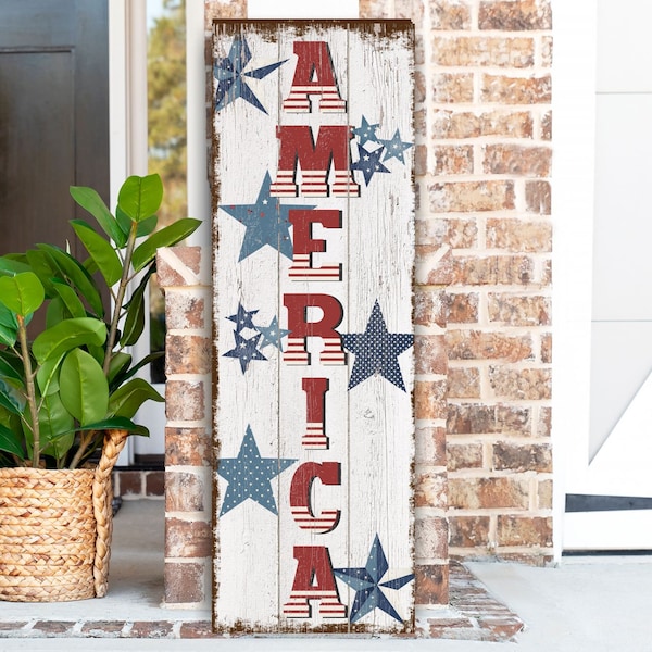 4th of July Sign, Patriotic Americana Sign for Front Porch, Fourth of July Decor, Vintage Rustic USA America Independence Day Wall Art SU06