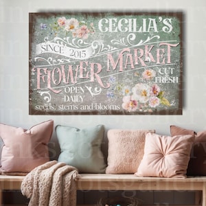 Customized Spring Flower Market Sign Vibrant Floral Bouquets Wall Art FM11