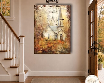 Old Country Church in Autumn Large Canvas Sign | Vintage Style Chapel Painting | Modern Farmhouse Fall Decor | Country Cottage Art | FL24