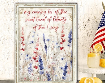Floral 4th of July Canvas Sign – Patriotic Red White Blue Decor Americana Wall Art SU03