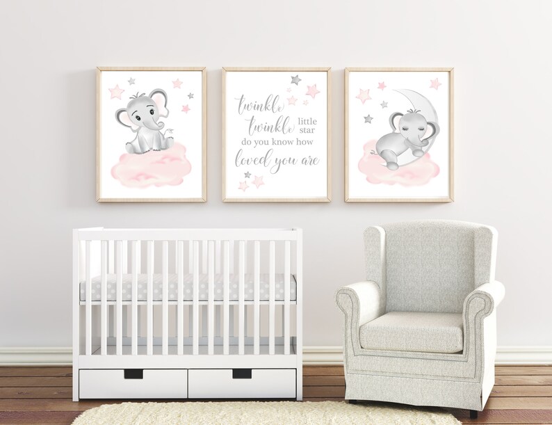 Pink ELEPHANT NURSERY Decor. Set of 3 Baby Girl Nursery Etsy