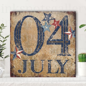 Vintage Style 4th of July Sign Patriotic Decoration, Modern Farmhouse Americana Independence Day Canvas, Rustic Mantel Entryway Art - SU07