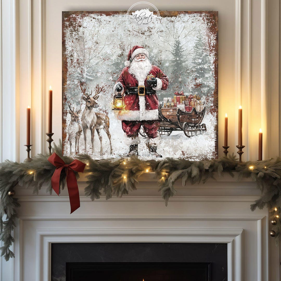 サンタクロース　ビンテージ　壁掛け Vintage Christmas Sign Modern Farmhouse Santa Claus Wall