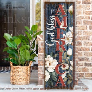 4th of July Sign, Vintage July Fourth Decor, Magnolia Porch Sign, Modern Farmhouse God Bless America Patriotic Independence Day Canvas SU10