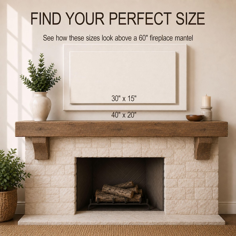 May include: A fireplace mantel display guide featuring the text FIND YOUR PERFECT SIZE and See how these sizes look above a 60" fireplace mantel. Two rectangular outlines are shown with labels 30" x 15" and 40" x 20" above a stone fireplace.