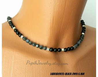 MEN'S BEADED NECKLACE Black Onyx-Labradorite Necklace Men's Choker Necklace for Men Men's Jewelry Men's Beaded Necklace Long Necklace Choker