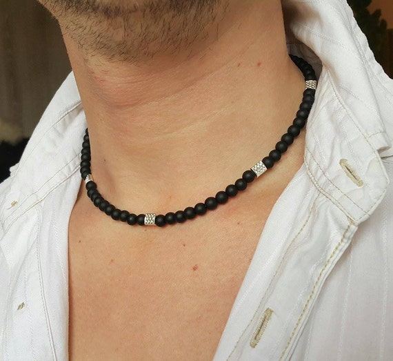 MENS NECKLACE Choker Matt Onyx Necklace Mens Beaded Necklace Etsy