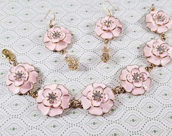 Pink Flower Bracelet and Earring Set