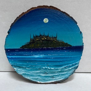 ACRYLIC Gothic Castle Island Painting on WOOD SLICE by Hymes