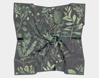 100% Silk Scarf Midnight Herb Garden | Handmade Botanical Fashion Scarf, Luxe Patterned Square Silk Head Scarf, Charmeuse Habotai Silk Scarf