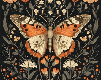 Dark Butterfly Silk Scarf: Floral Neckerchief, Head Scarf