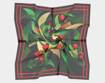 100% Silk Scarf December Birth Flower | Holly Berry Silk Scarf | Modern Holiday Holly Print Scarf