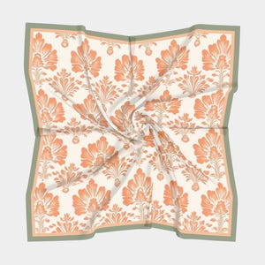 100% Silk Scarf Sunset Orange and Sage Green Damask Cottagecore | Large Silk Headscarf | Square Silk Wrap