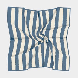 French Blue Stripe Silk Scarf – Hand Drawn Cream & Indigo Pattern, Coastal Chic Accessory