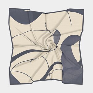 100% Silk Minimalist Blue and Beige Line Art Scarf