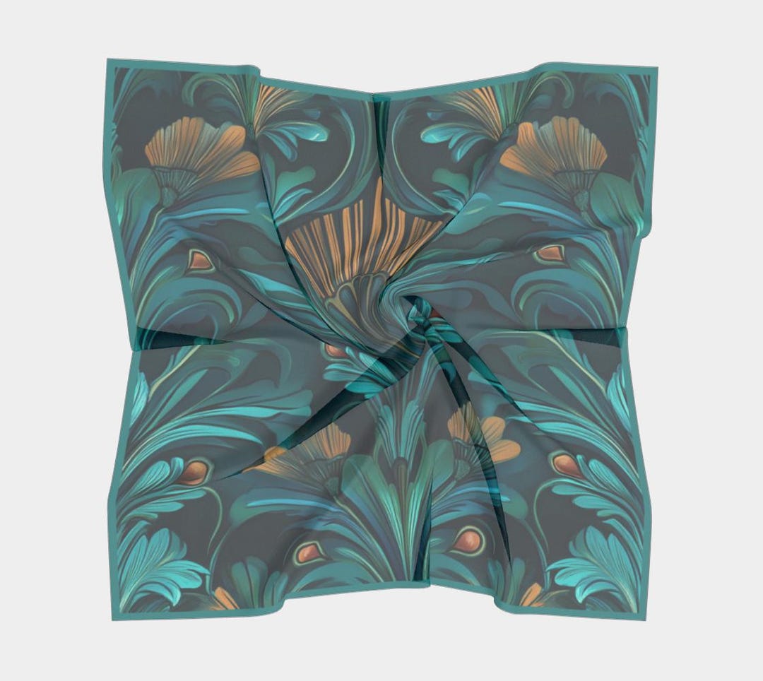 Teal Gold Art Deco Silk Scarf: Charmeuse Habotai Wrap