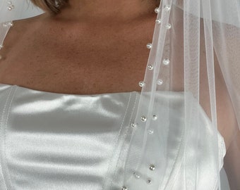 The Softest Pearl Trim Embellished Tulle Veil Fingertip Cathedral