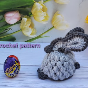 Patrón de ganchillo de cubierta de huevo de chocolate de conejito de Pascua, tutorial de adorno de conejo de ganchillo, patrón de bricolaje de conejito esponjoso, regalo calentador de huevo hervido, PDF