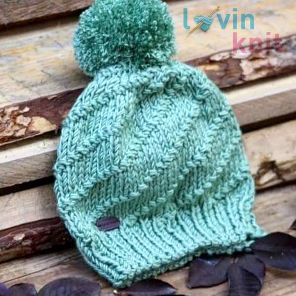 Simple DK Knitting Spiral Bobble Hat Pattern, Pom Pom Knitted Beanie Tutorial, Digital PDF Download, Newborn through Adult, 7 sizes, DK yarn