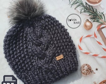 Chunky Knit Cable Hat Knitting Pattern, Pom Pom Knitted Beanie Tutorial, Digital PDF Download, One Size Fit All Quick Knit, Circular Needles