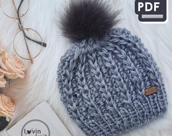 Super Quick Knit Chunky Stripy Hat Knitting Pattern, Pom Pom Knitted Beanie Tutorial, Digital Download, One Size Fit All, Circular Needles