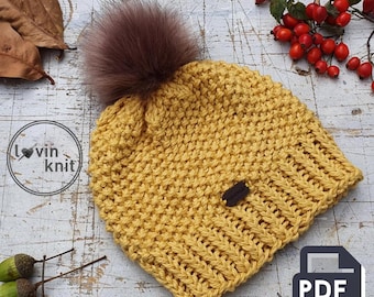 Knitting Pattern for Seed Stitch Hat, Pom Pom Knitted Beanie Tutorial, Digital PDF Download, Baby Through Adult, Circular Needles, DK yarn