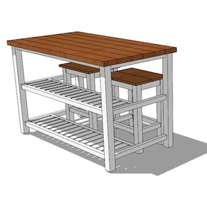 以下が含まれることがあります： 白いキッチンの島で、茶色の木製のカウンタートップと白いスツールが2つあります。島には収納用の棚が2つあります。