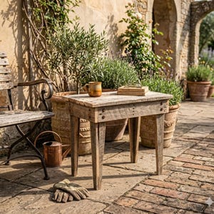 May include: A small, weathered wooden table with a mug and books on top. The table is surrounded by potted plants and a brick patio. The table's height is approximately 60 cm, perfect for a garden setting.