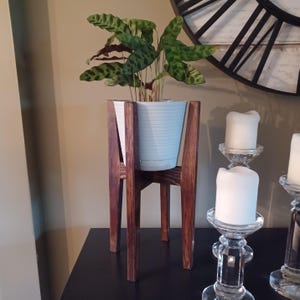 May include: A dark brown wooden plant stand with four legs, supporting a white ceramic planter with a green leafy plant.